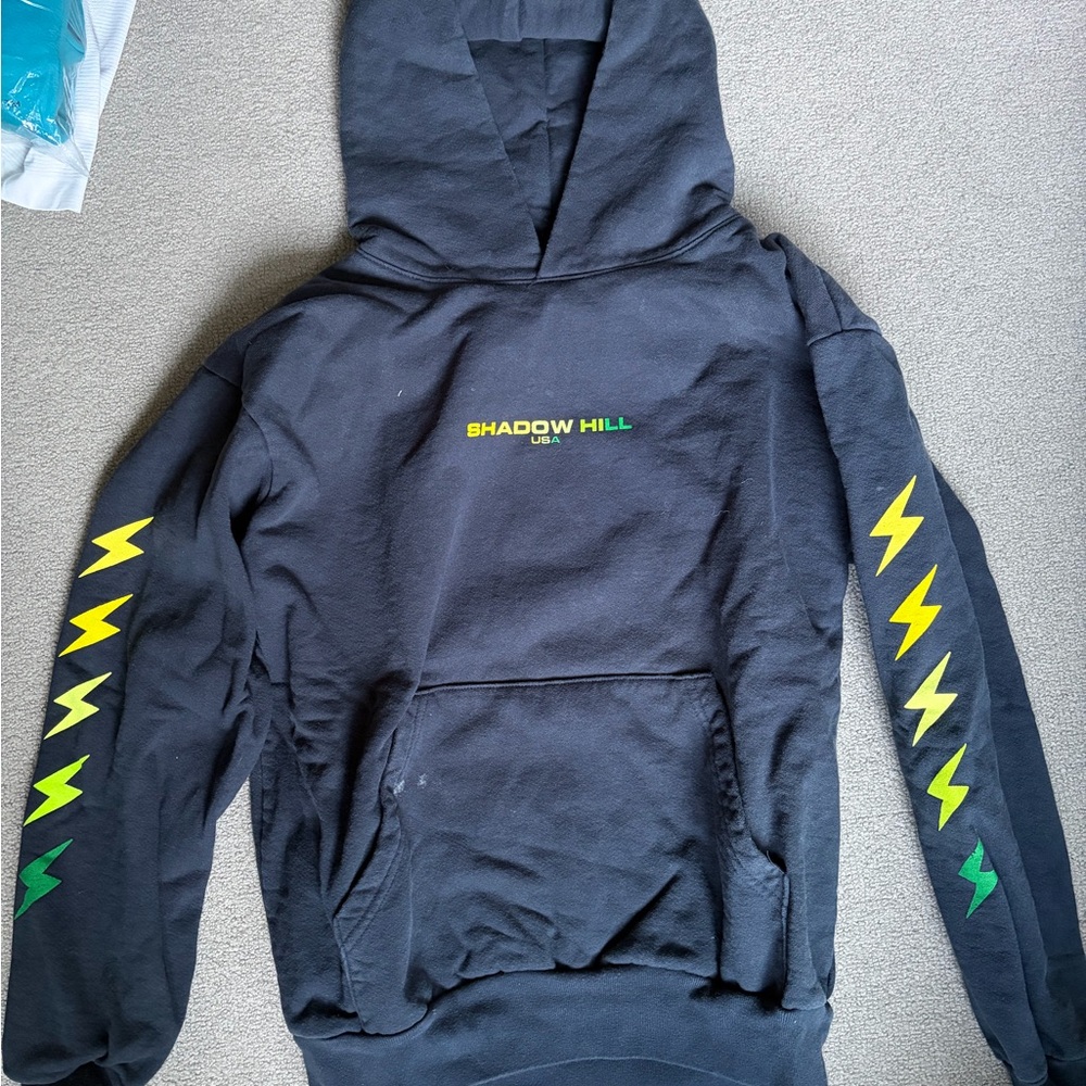 Shadow Hill Black Hoodie with Yellow and Green Lightning Bolts